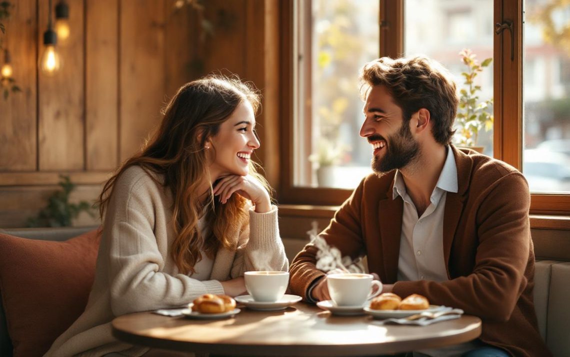 Couple souriant en pleine conversation dans un café belge cosy, lumière chaude filtrant par la fenêtre, tasses de café fumantes et pâtisseries sur une table en bois, ambiance intime et naturelle.