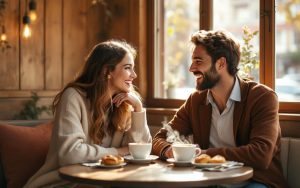 Couple souriant en pleine conversation dans un café belge cosy, lumière chaude filtrant par la fenêtre, tasses de café fumantes et pâtisseries sur une table en bois, ambiance intime et naturelle.
