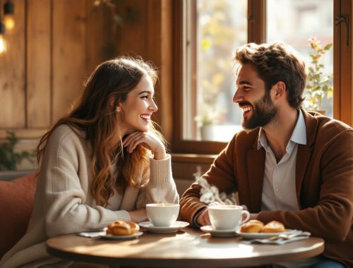 Couple souriant en pleine conversation dans un café belge cosy, lumière chaude filtrant par la fenêtre, tasses de café fumantes et pâtisseries sur une table en bois, ambiance intime et naturelle.