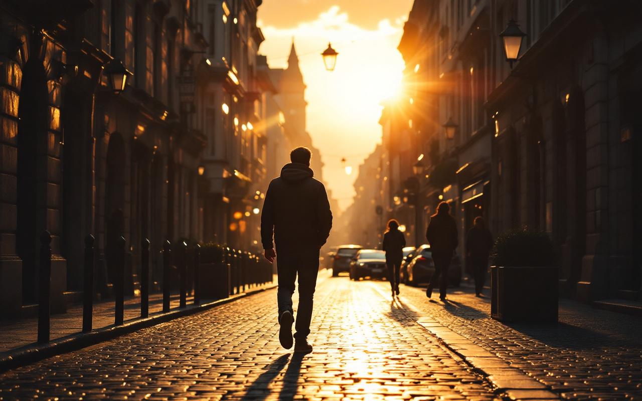 Personne marchant seule dans une rue européenne pavée au coucher du soleil, entourée d'architecture historique, baignée d'une lumière dorée volumétrique avec longues ombres et tons chauds, ambiance réaliste et cinématographique.