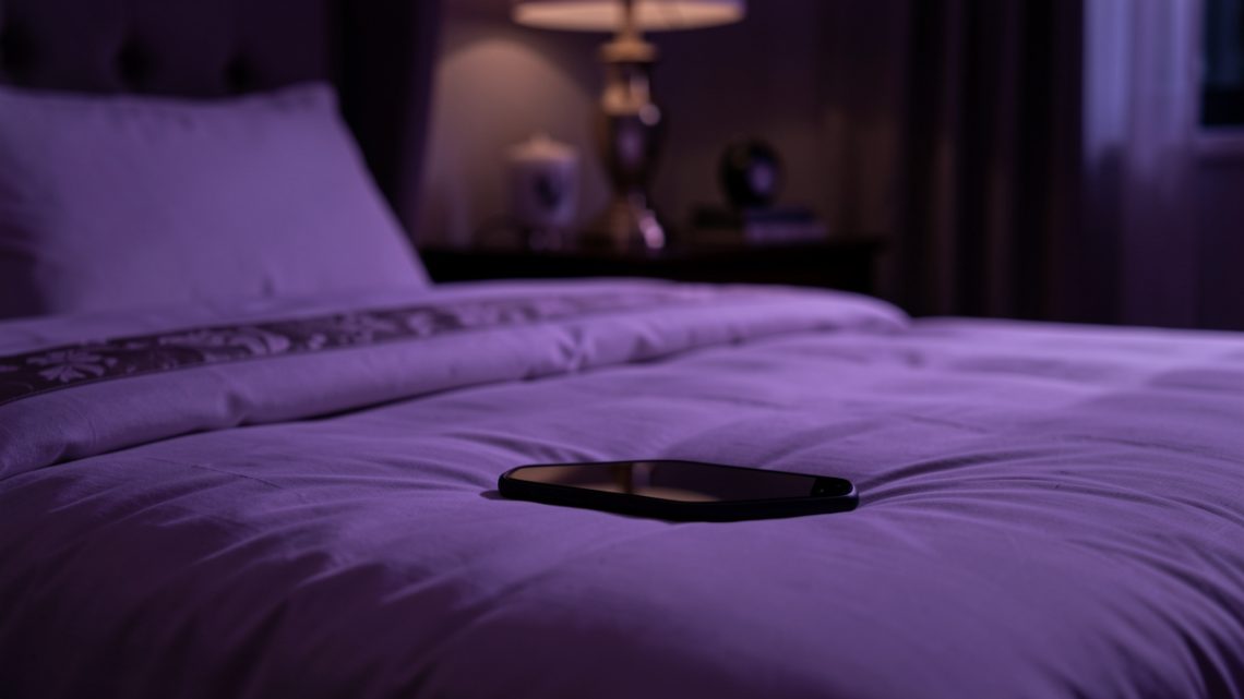 Smartphone posé sur un lit, éclairage violet tamisé et ambiance nocturne intime dans une chambre élégante.
