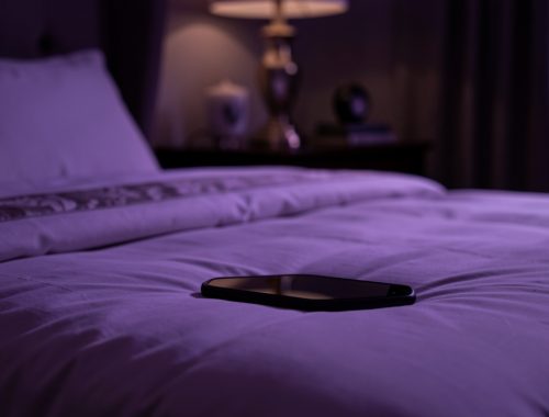 Smartphone posé sur un lit, éclairage violet tamisé et ambiance nocturne intime dans une chambre élégante.