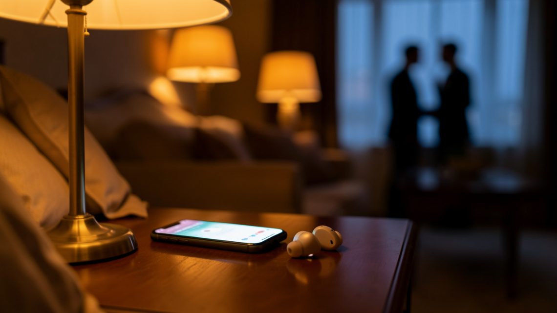 Ambiance tamisée et élégante : un smartphone lumineux sur une table de chevet, des écouteurs sans fil, et une atmosphère romantique évoquant une connexion à distance.