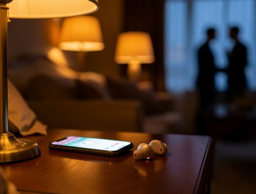 Ambiance tamisée et élégante : un smartphone lumineux sur une table de chevet, des écouteurs sans fil, et une atmosphère romantique évoquant une connexion à distance.