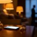 Ambiance tamisée et élégante : un smartphone lumineux sur une table de chevet, des écouteurs sans fil, et une atmosphère romantique évoquant une connexion à distance.
