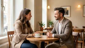 Un homme et une femme discutent sereinement à une table dans un café lumineux, élégant et discret.