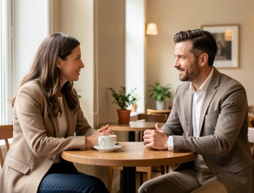 Un homme et une femme discutent sereinement à une table dans un café lumineux, élégant et discret.