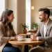 Un homme et une femme discutent sereinement à une table dans un café lumineux, élégant et discret.