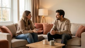 Une femme et un homme adultes discutent calmement des limites et de la confiance dans un salon chaleureux.
