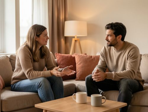 Une femme et un homme adultes discutent calmement des limites et de la confiance dans un salon chaleureux.