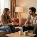 Une femme et un homme adultes discutent calmement des limites et de la confiance dans un salon chaleureux.