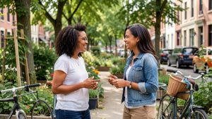 Deux femmes adultes discutent chaleureusement dans un jardin communautaire accueillant au cœur d’une nouvelle ville.