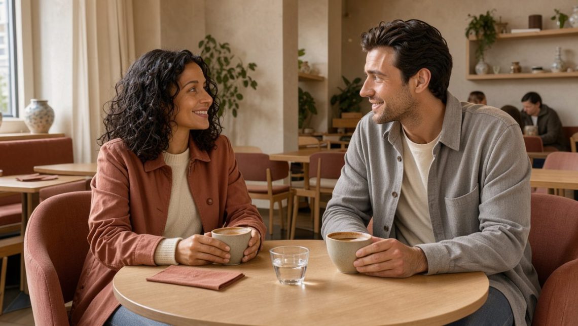 Un homme et une femme discutent avec le sourire lors d’un premier rendez-vous dans un café chaleureux.