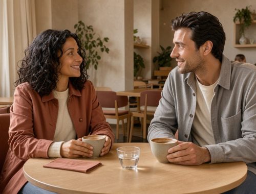 Un homme et une femme discutent avec le sourire lors d’un premier rendez-vous dans un café chaleureux.