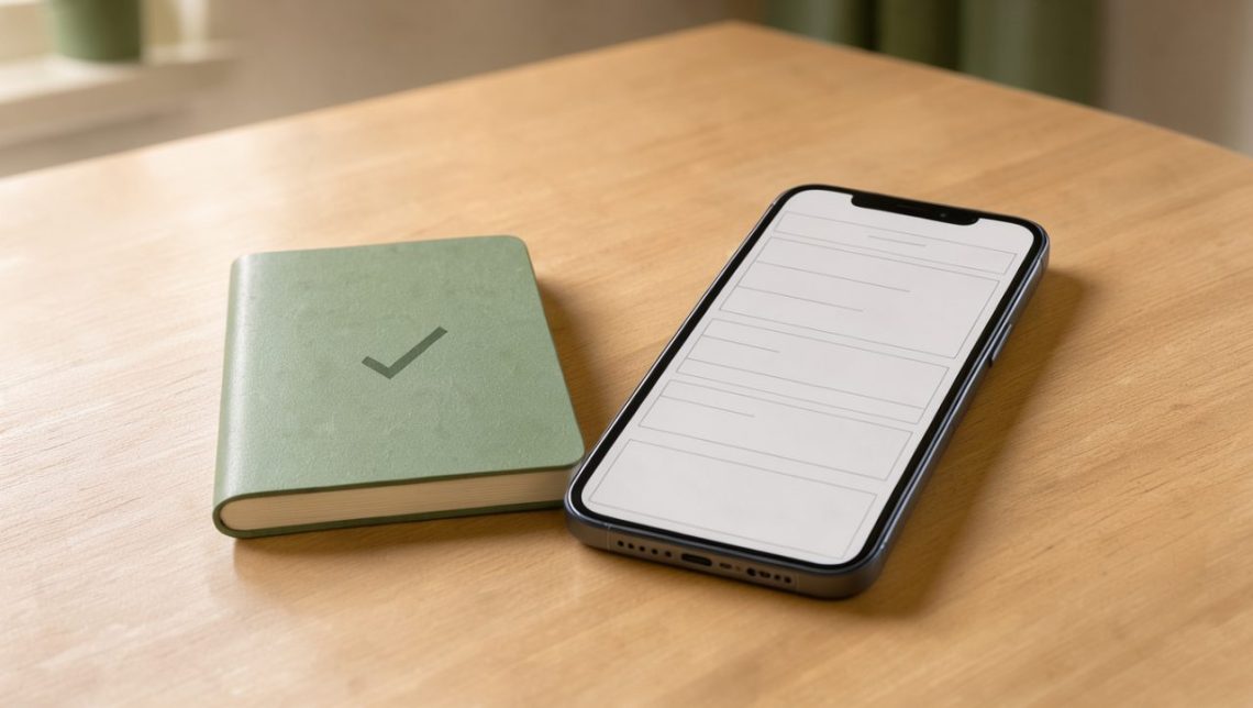Bureau calme avec un smartphone, un carnet et un symbole de validation évoquant une relance unique après l’annulation d’un rendez-vous.