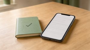 Bureau calme avec un smartphone, un carnet et un symbole de validation évoquant une relance unique après l’annulation d’un rendez-vous.