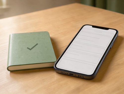 Bureau calme avec un smartphone, un carnet et un symbole de validation évoquant une relance unique après l’annulation d’un rendez-vous.